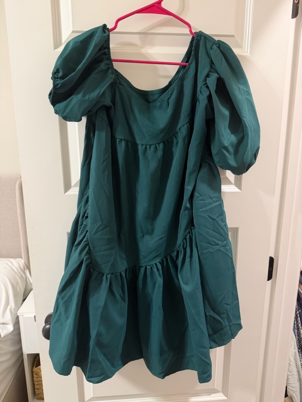 SHEIN Teal Asymmetrical Puff Sleeve Mini Dress